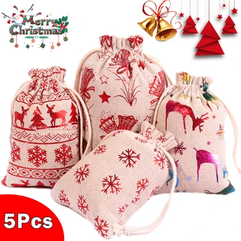5 adet Noel İpli Çanta Noel Baba Kar Tanesi Karikatür hediye çantası Parti Şeker Çerez Gıda Saklama Torbaları Noel 2023 Yeni Yıl