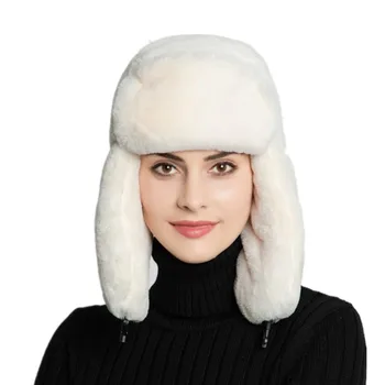 Kadın Faux Kürk Şapka Kış Streç Kazak Beyaz Kalınlaşmak Sıcak Kap Kulak Çırptı Trapper Şapka Rus Tarzı Kap kadınlar İçin