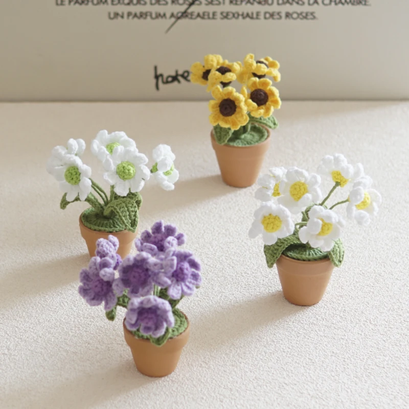 Yapay Sahte Çiçekler Duvar Ev Dekor Bahçe Parti yemek masası Süslemeleri Düğün İçin El Yapımı Örgü El Sanatları Papatya Bonsai Görüntü 3