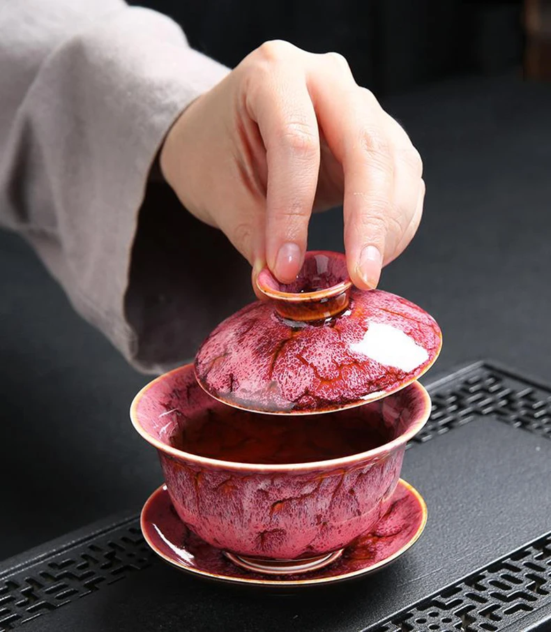 170ml Gaiwan Seramik Pigmentli Çay Kase tabak kapak seti Ana Bardak Çay Kasesi Konteyner Tieguanyin Tutucu Teaware Drinkware Hediyeler Görüntü 5