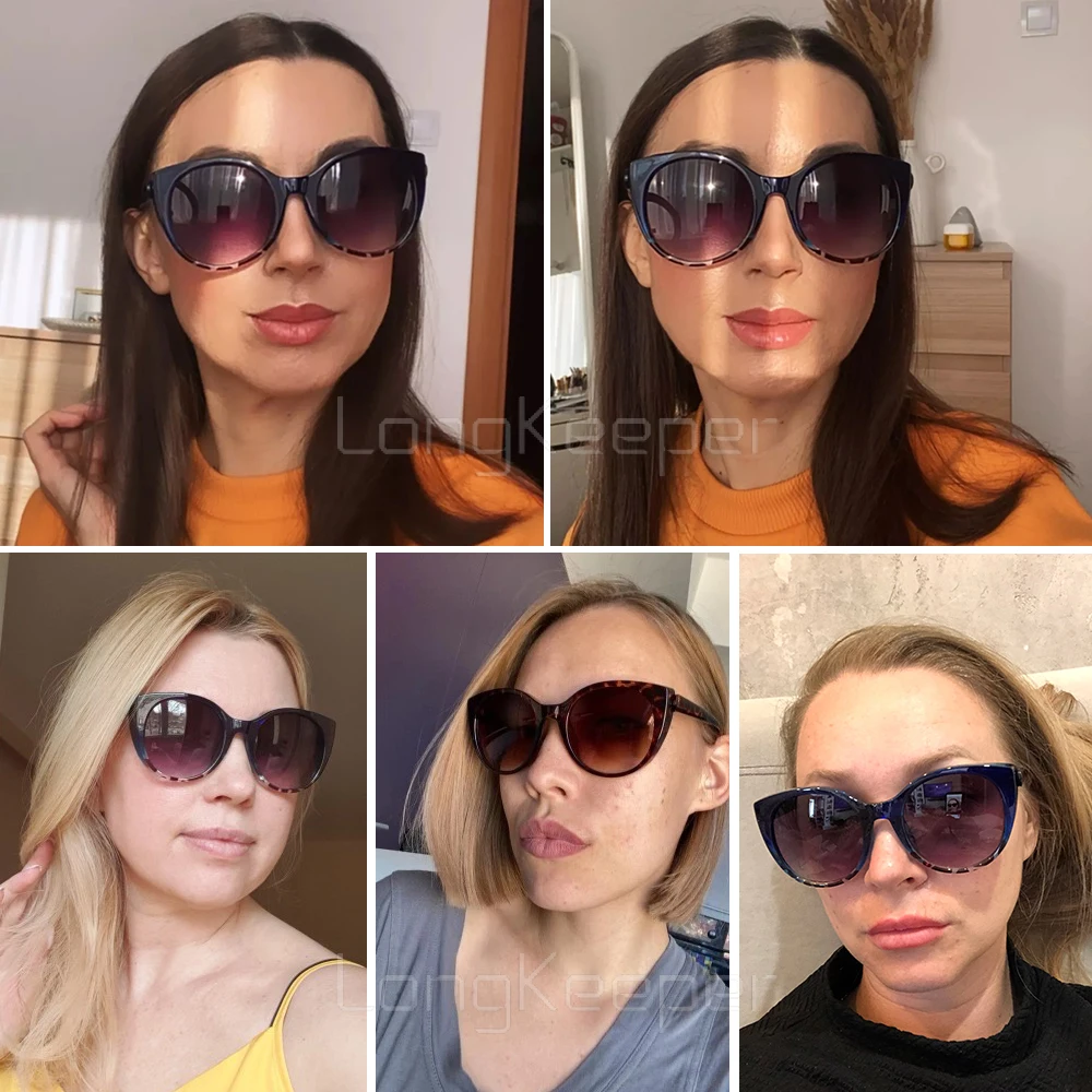 LongKeeper Lüks Kedi Göz Güneş Kadınlar 2021 Büyük Boy Degrade Gözlük Retro Mavi Leopar Tonları lunette de soleil femme Görüntü 5