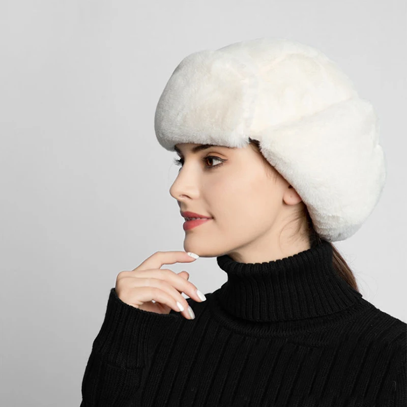 Kadın Faux Kürk Şapka Kış Streç Kazak Beyaz Kalınlaşmak Sıcak Kap Kulak Çırptı Trapper Şapka Rus Tarzı Kap kadınlar İçin Görüntü 2