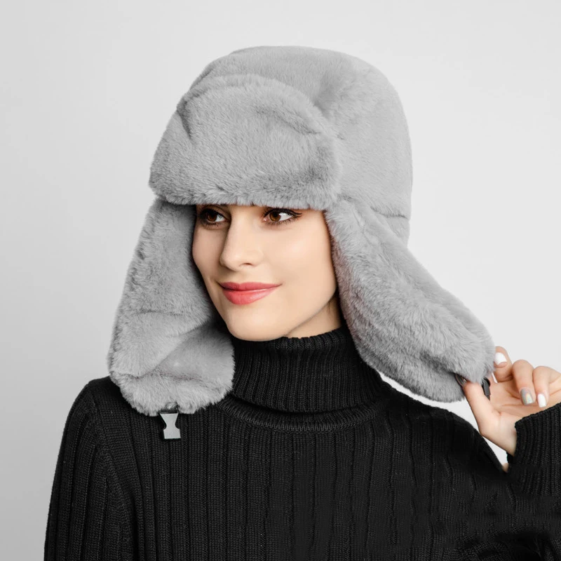 Kadın Faux Kürk Şapka Kış Streç Kazak Beyaz Kalınlaşmak Sıcak Kap Kulak Çırptı Trapper Şapka Rus Tarzı Kap kadınlar İçin Görüntü 5